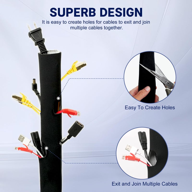 CableGeeker Cable Management Sleeve 10ft (120 inch) - 1.5 inch, Hook-and-Loop Cuttable Neoprene Cord Organizer, Split Wire Reversible Cord Protector for TV USB PC Ethernet Cable Hider Protect Pets Kids - Image 2
